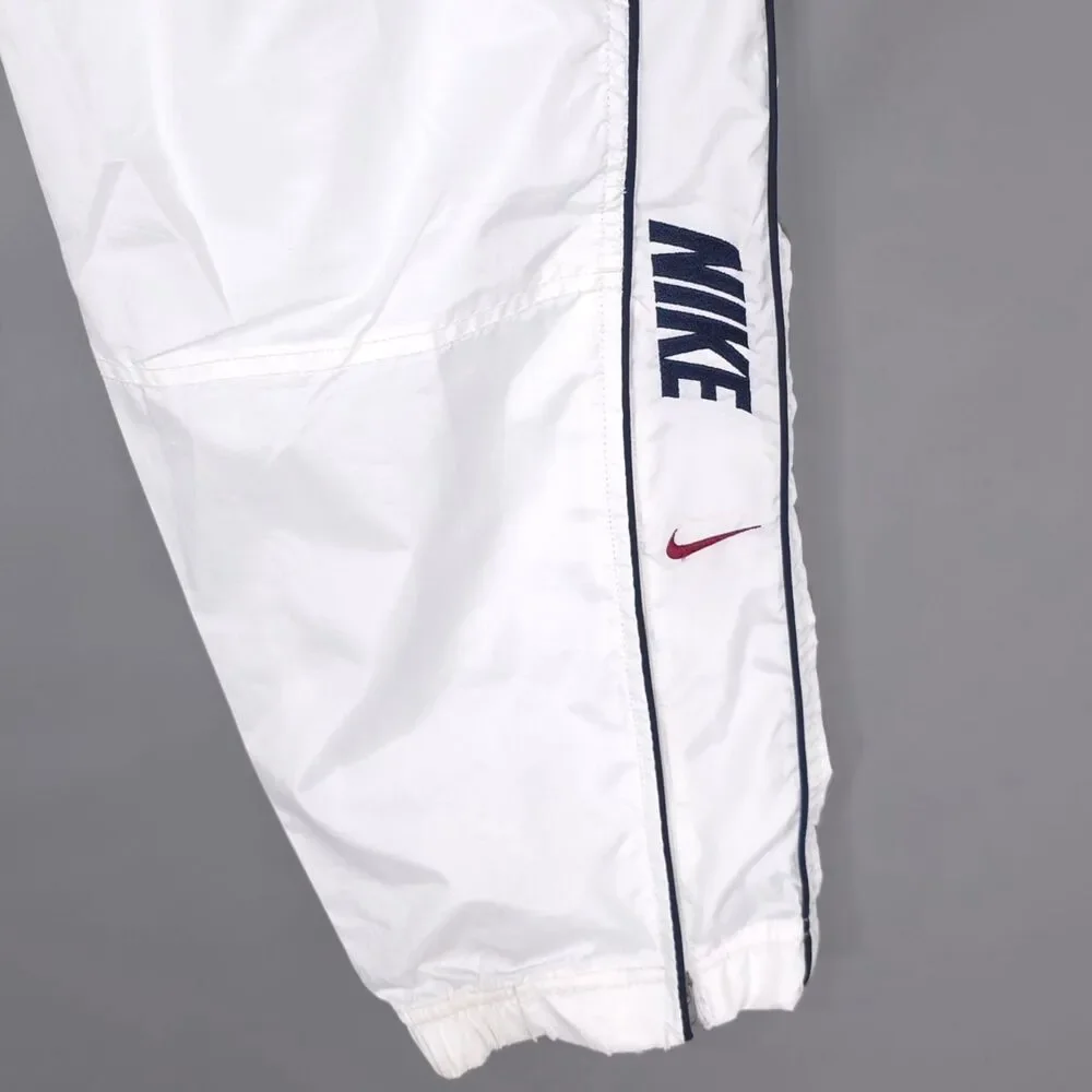 NIKE Men’s MEDIUM Track Pants VINTAGE 90s White Spellout Swoosh Zip Ankle